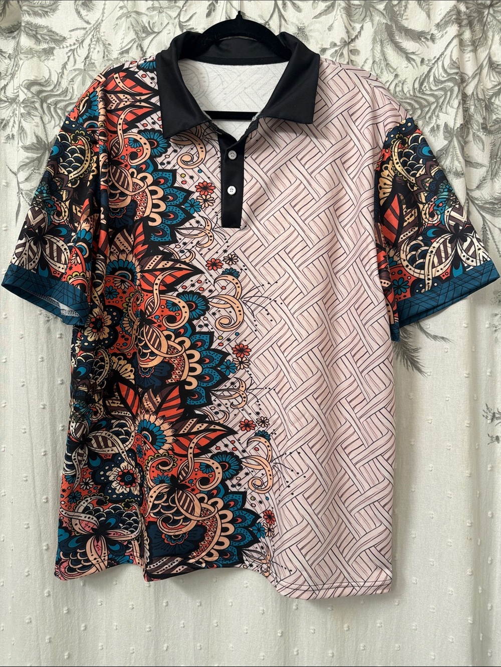 Men's Multi-Pattern Polo Shirt with Black Collar - Multi